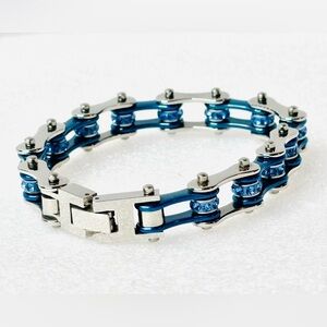 Stainless Steel Bicycle Chain Link Bracelet Blue & Silver w/ Blue Rhinestones